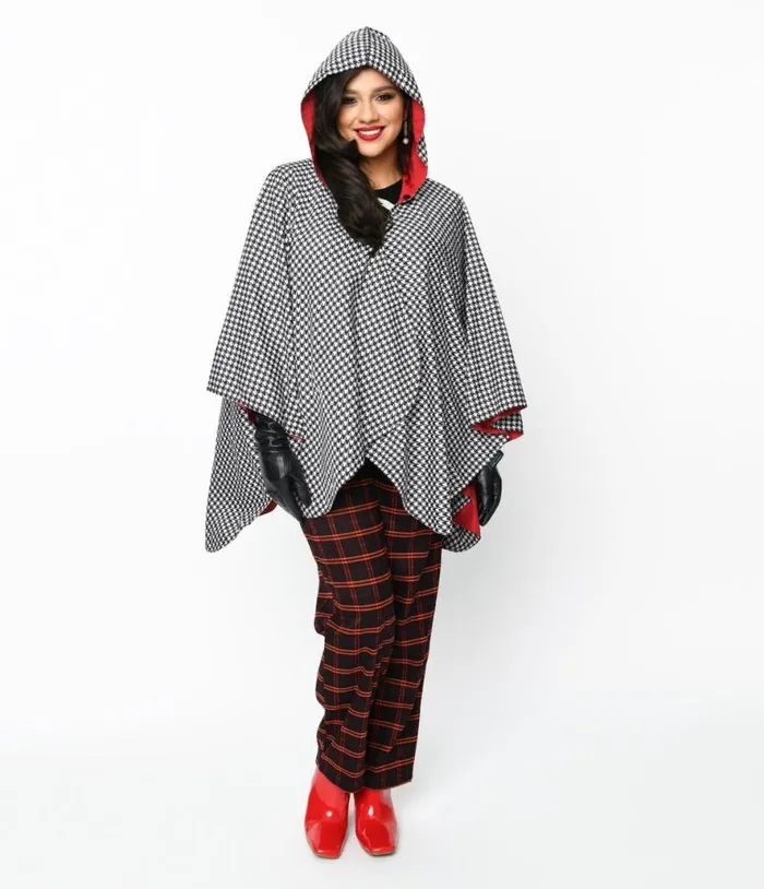 Black and White Houndstooth Hooded Cape Coat Clothing Unique Vintage Coats and Jackets