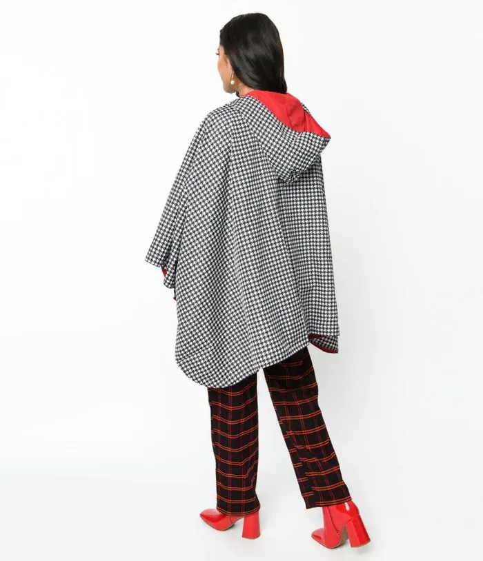 Black and White Houndstooth Hooded Cape Coat Clothing Unique Vintage Coats and Jackets