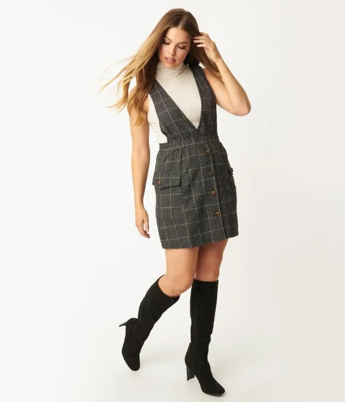 Black and White Plaid Tweed Pinafore Flare Dress Dresses Unique Vintage Pocket Dresses