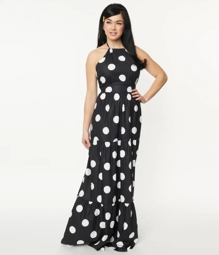 Black and White Polka Dot Halter Maxi Dress Dresses Unique Vintage Maxi