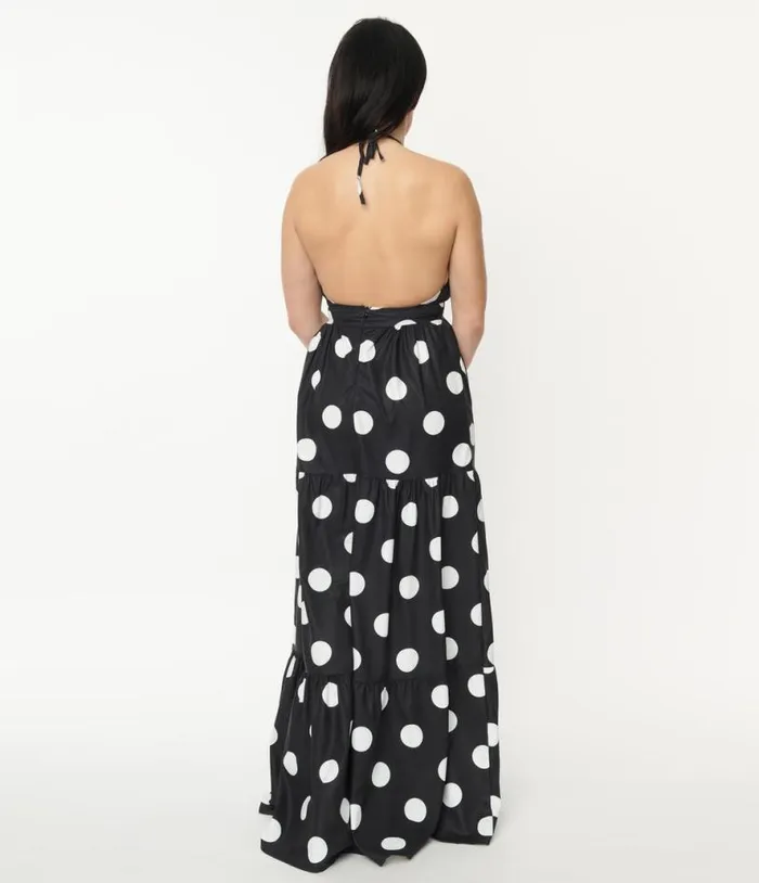 Black and White Polka Dot Halter Maxi Dress Dresses Unique Vintage Maxi