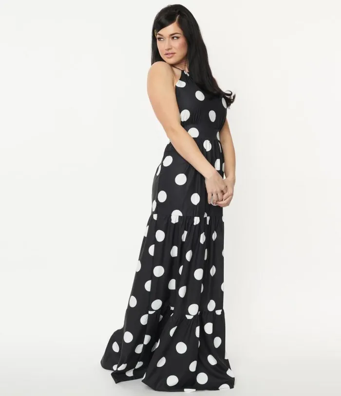 Black and White Polka Dot Halter Maxi Dress Dresses Unique Vintage Maxi