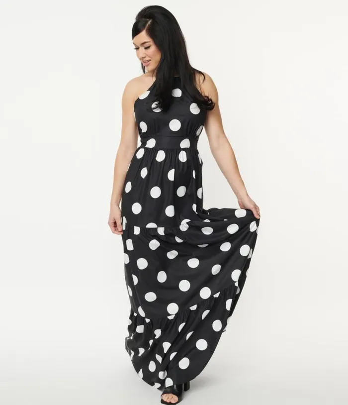 Black and White Polka Dot Halter Maxi Dress Dresses Unique Vintage Maxi