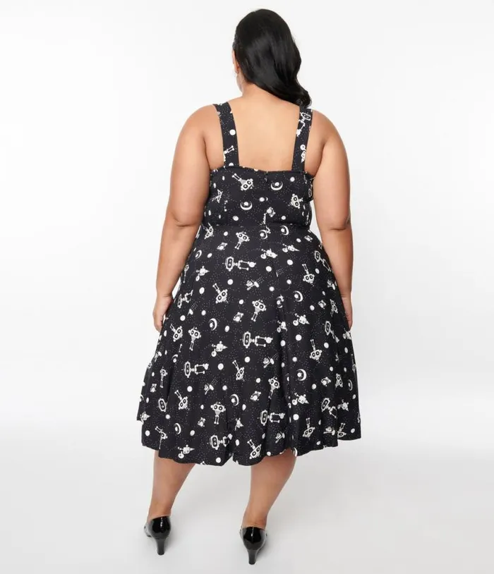 Black and White Robot Heidi Swing Dress DressesPlus Unique Vintage Pocket Dresses