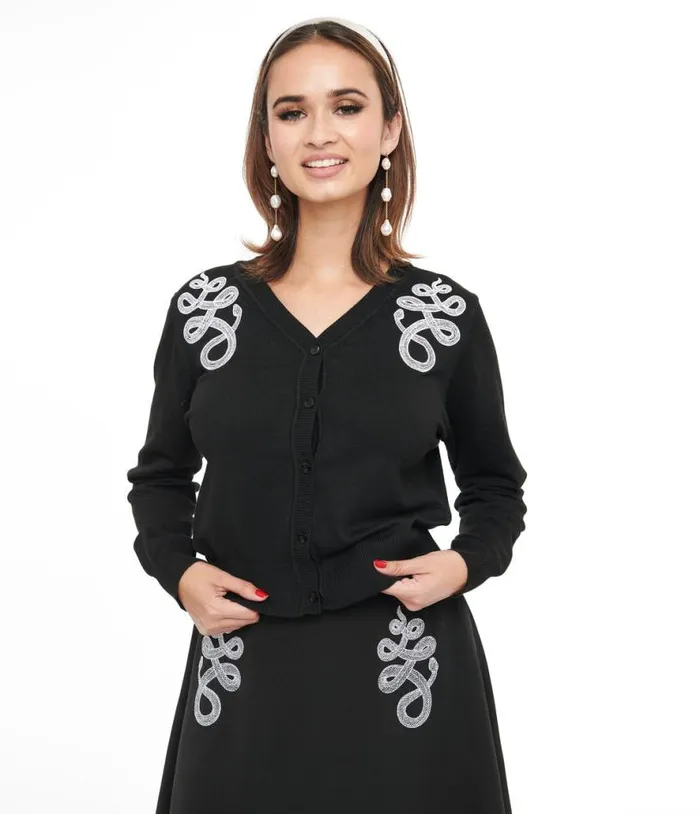 Black and White Snake Embroidered Cardigan Clothing Unique Vintage Sweaters and Cardigans