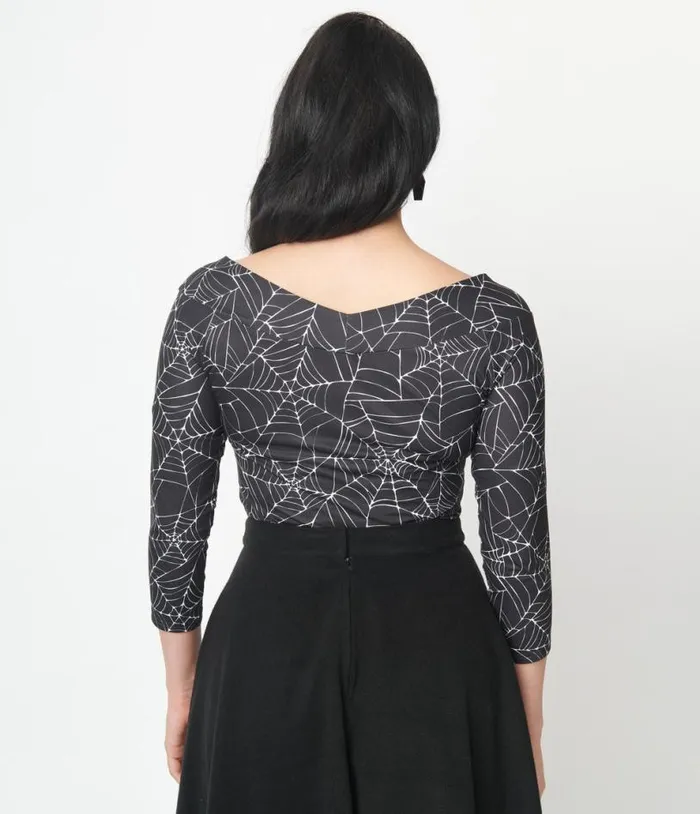 Black and White Spiderweb Scarlett Top Halloween Unique Vintage Tops