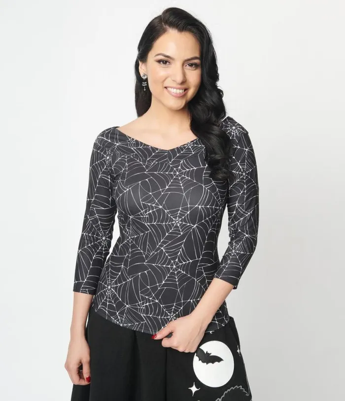 Black and White Spiderweb Scarlett Top Halloween Unique Vintage Tops