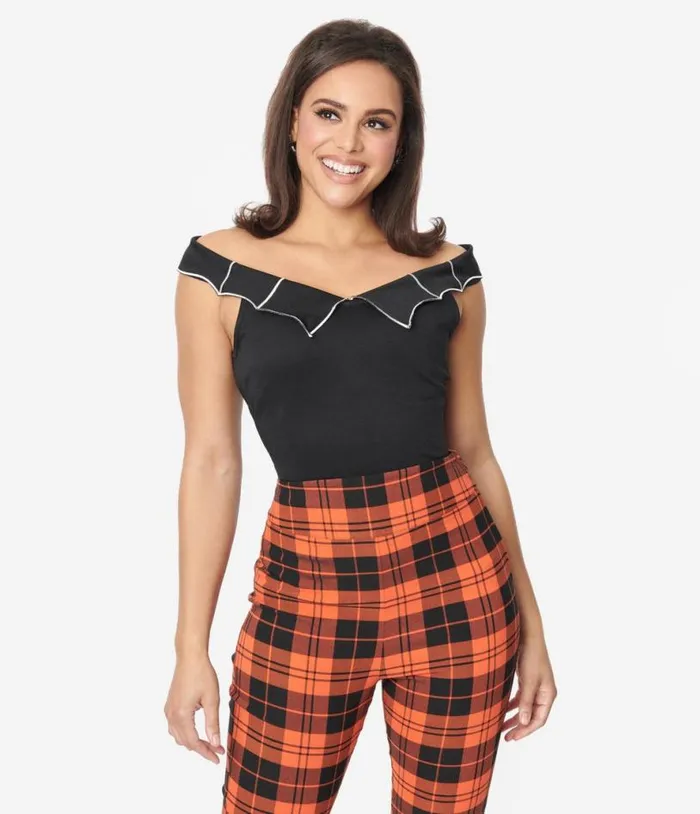 Black and White Web Off The Shoulder Top Halloween Unique Vintage Tops