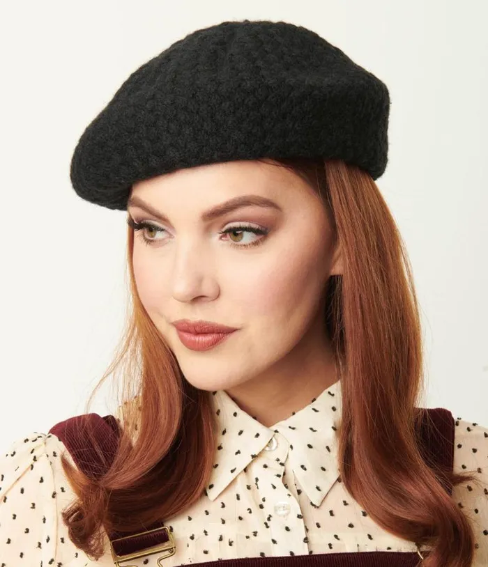 Black Basketweave Adieu Beret Accessories Unique Vintage Berets