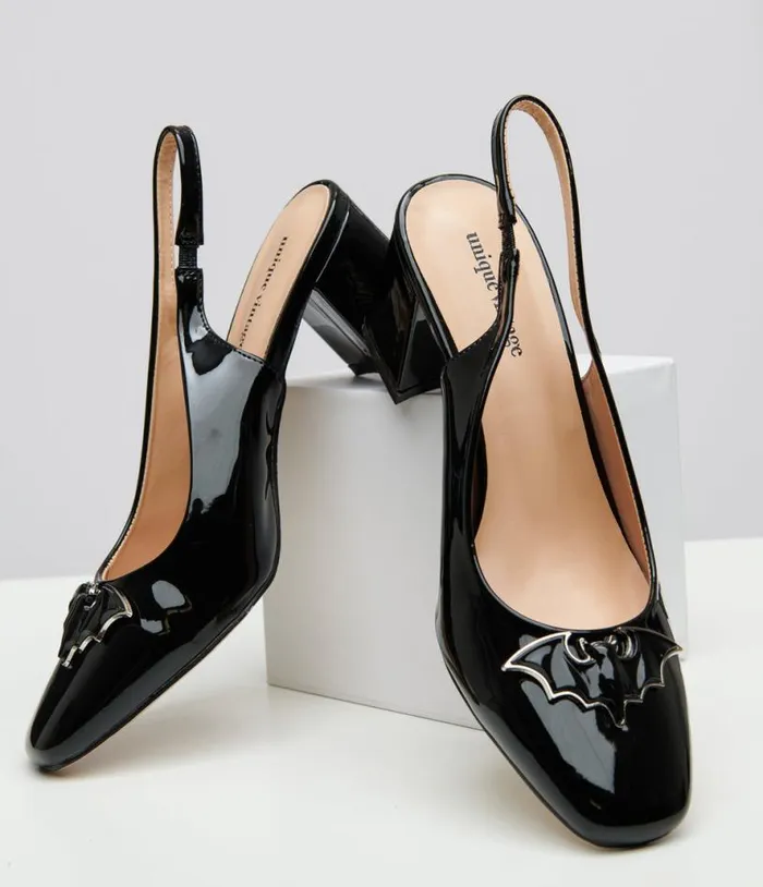 Black Bat Leatherette Slingback Heels HalloweenShoes Unique Vintage Heels