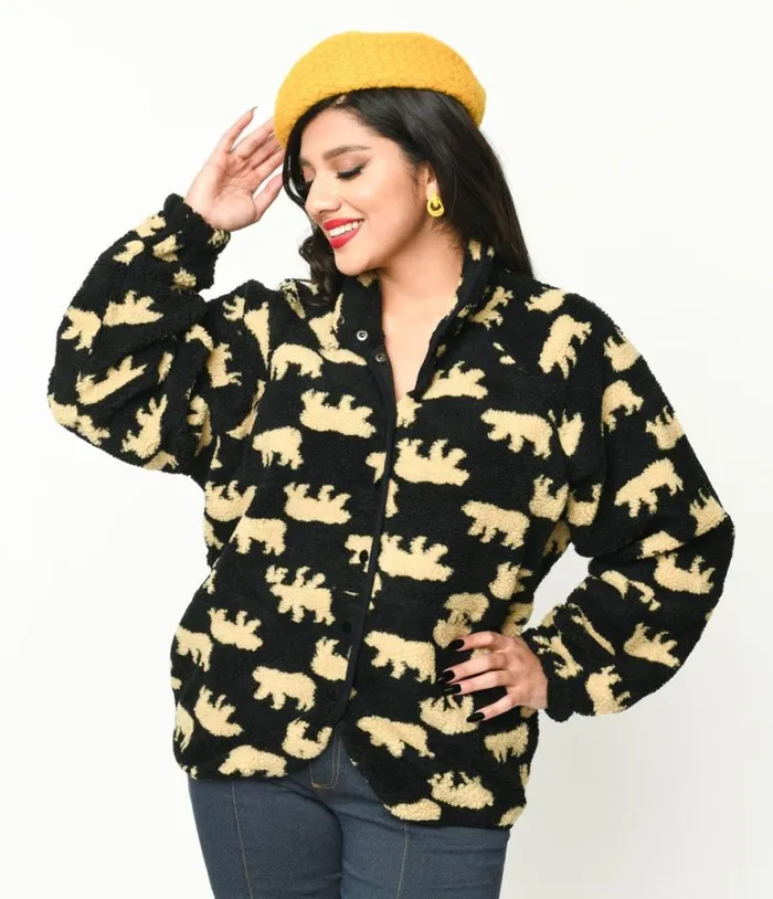 Black Bear Print Fleece Jacket Clothing Unique Vintage Coats and Jackets