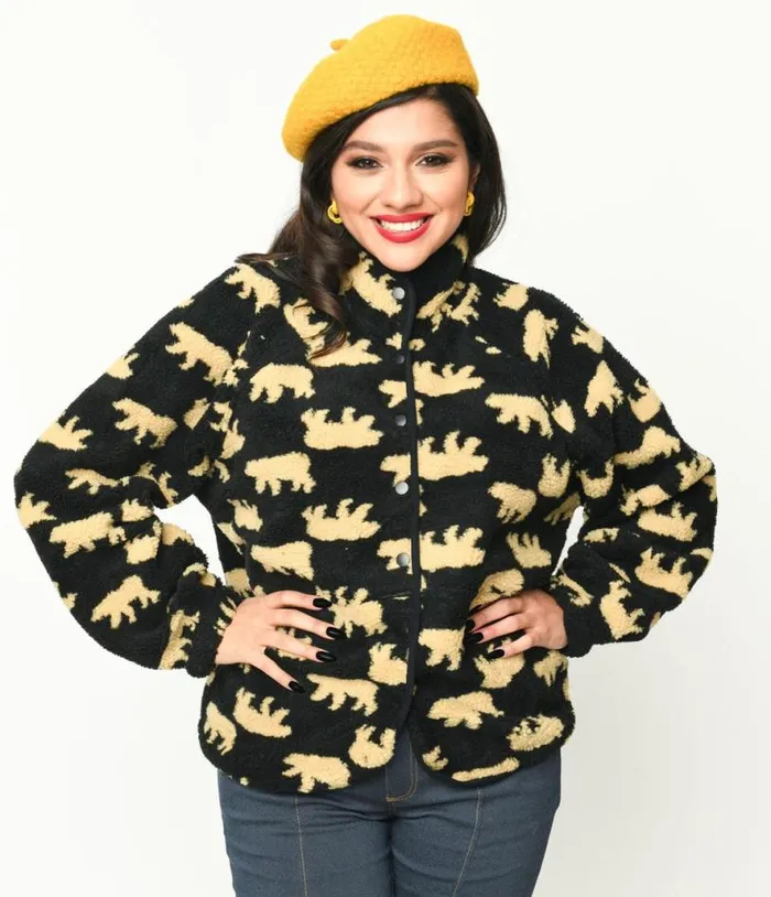 Black Bear Print Fleece Jacket Clothing Unique Vintage Coats and Jackets