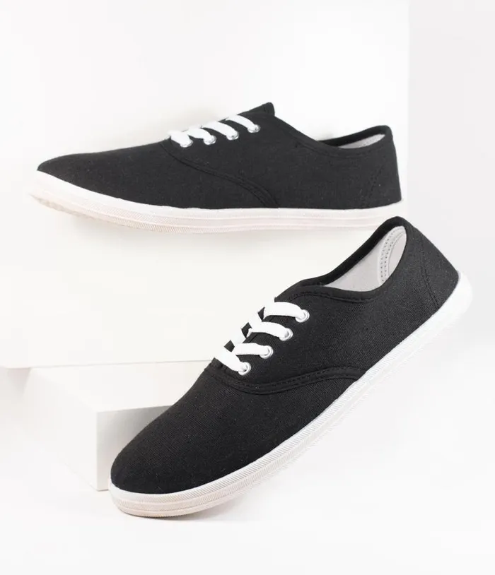 Black Canvas Ladies Sneakers Shoes Unique Vintage Flats