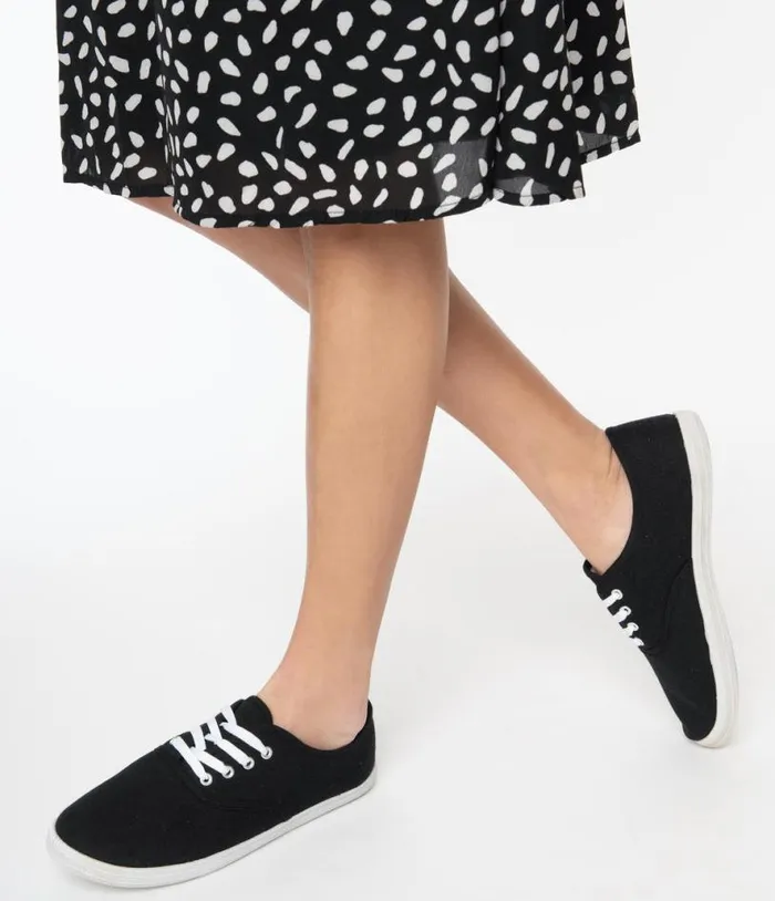 Black Canvas Ladies Sneakers Shoes Unique Vintage Flats