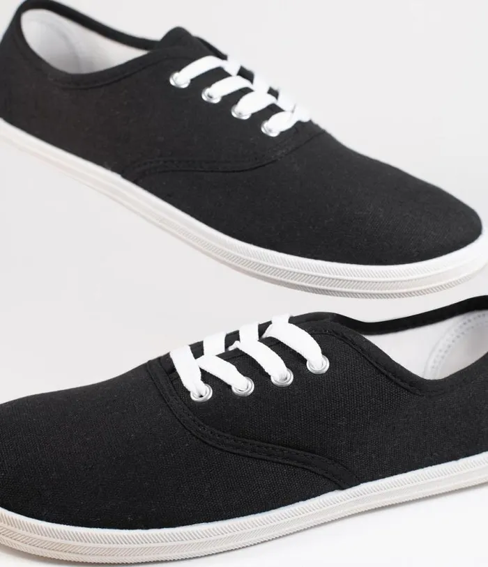 Black Canvas Ladies Sneakers Shoes Unique Vintage Flats