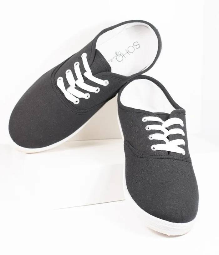 Black Canvas Ladies Sneakers Shoes Unique Vintage Flats