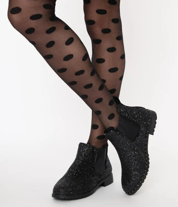Black Chunky Glitter Chelsea Boot Shoes Unique Vintage Boots