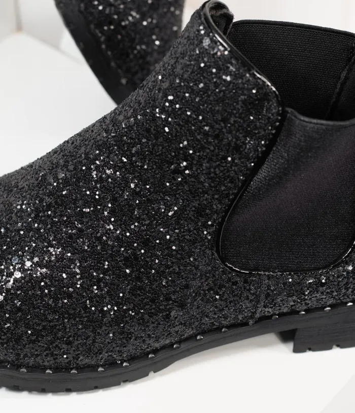 Black Chunky Glitter Chelsea Boot Shoes Unique Vintage Boots