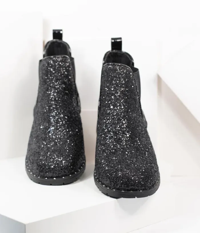 Black Chunky Glitter Chelsea Boot Shoes Unique Vintage Boots