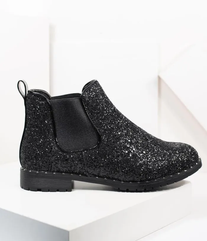 Black Chunky Glitter Chelsea Boot Shoes Unique Vintage Boots