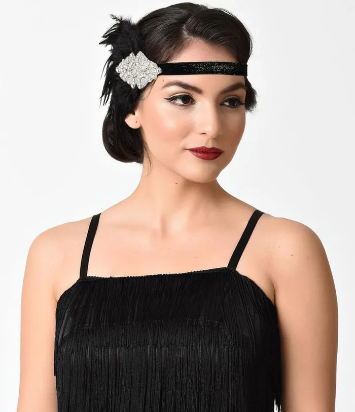 Black Coque Feather and Silver Rhinestone Headband Accessories Unique Vintage Headbands