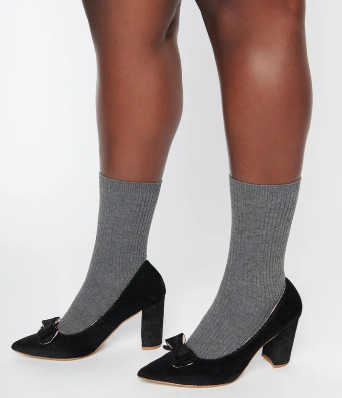 Black Corduroy Bow Pump Shoes Unique Vintage Heels