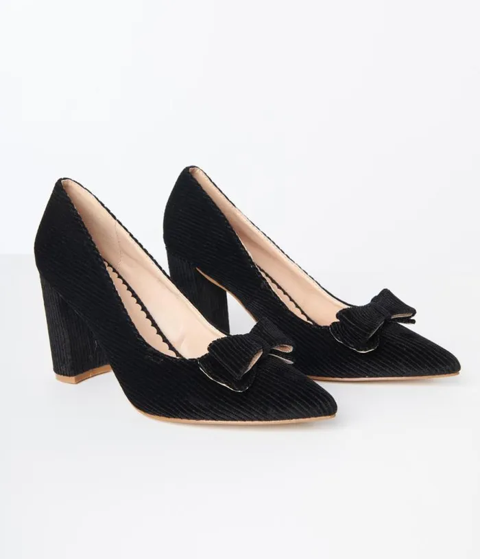 Black Corduroy Bow Pump Shoes Unique Vintage Heels