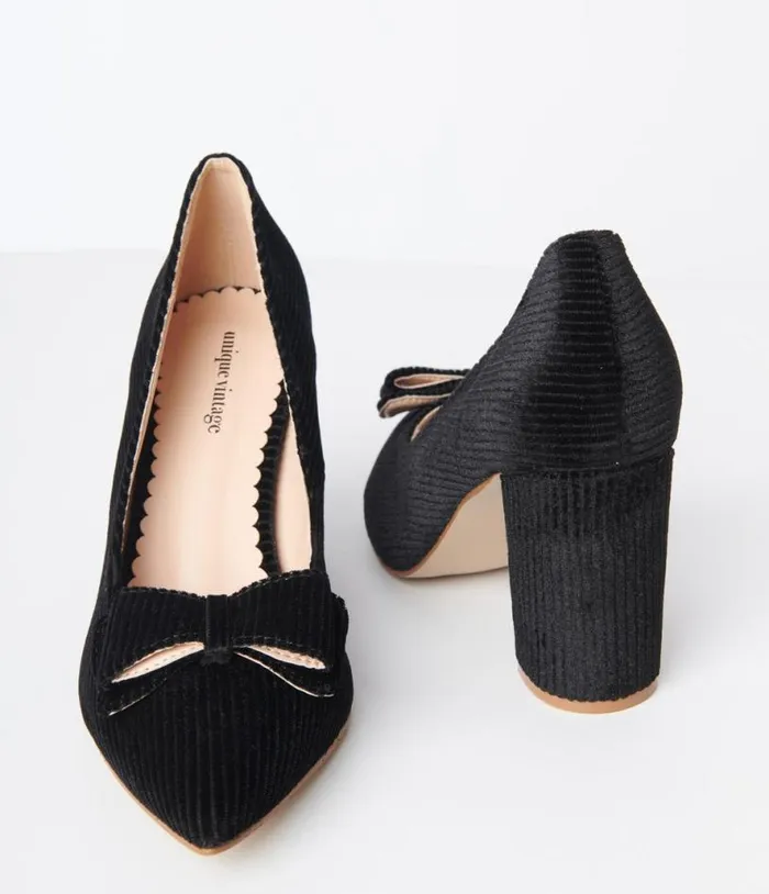 Black Corduroy Bow Pump Shoes Unique Vintage Heels