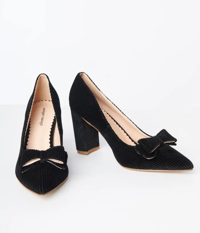Black Corduroy Bow Pump Shoes Unique Vintage Heels