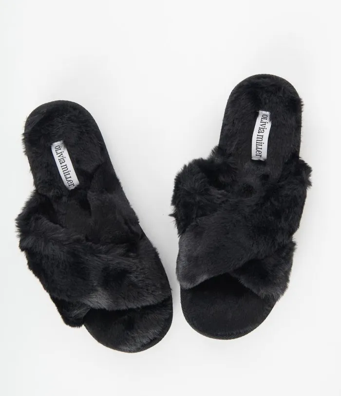 Black Cross Strap Fuzzy Slippers Shoes Unique Vintage Slippers