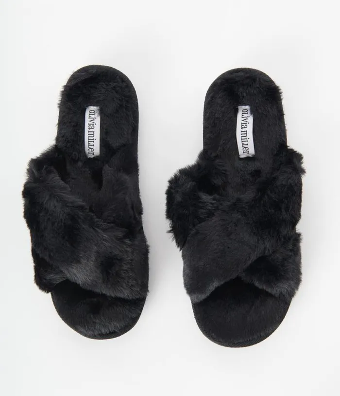 Black Cross Strap Fuzzy Slippers Shoes Unique Vintage Slippers
