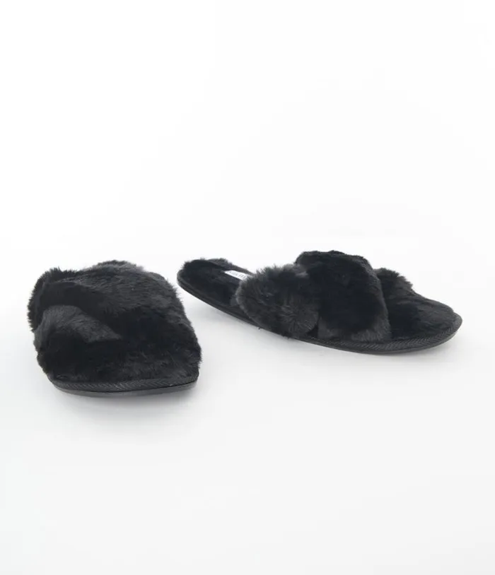 Black Cross Strap Fuzzy Slippers Shoes Unique Vintage Slippers