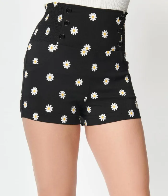 Black Daisy Print Sandy Shorts ClothingPlus Unique Vintage Shorts
