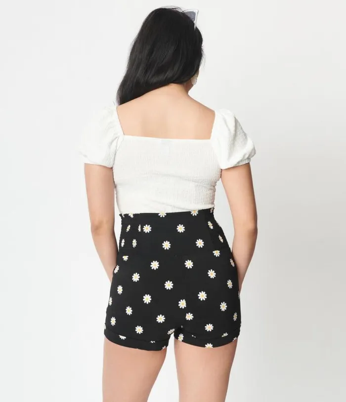 Black Daisy Print Sandy Shorts ClothingPlus Unique Vintage Shorts