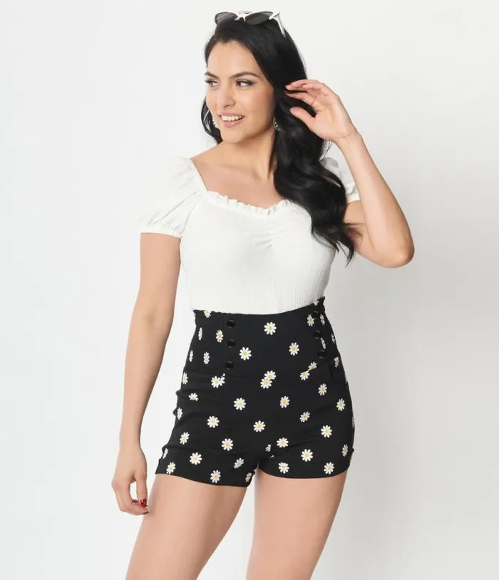 Black Daisy Print Sandy Shorts ClothingPlus Unique Vintage Shorts