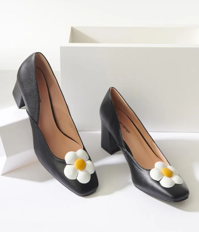 Black Daisy Pumps Shoes Unique Vintage Heels