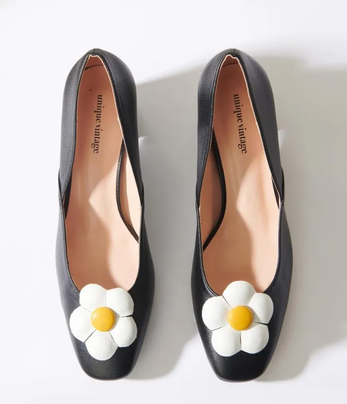 Black Daisy Pumps Shoes Unique Vintage Heels