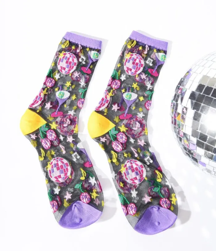 Black Disco Sheer Crew Socks Accessories Unique Vintage Stockings and Tights