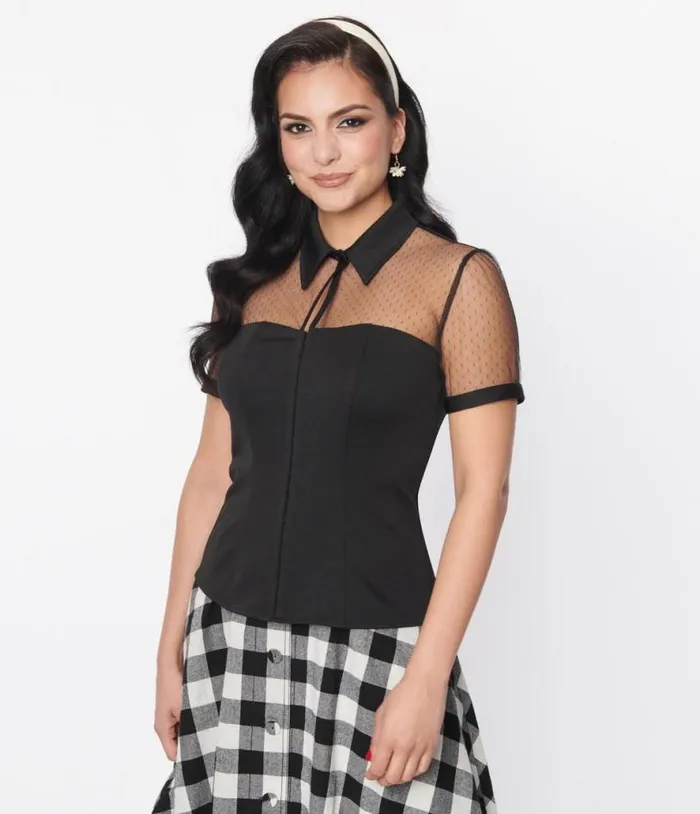 Black Dot Mesh Sweetheart Top Clothing Unique Vintage Blouses