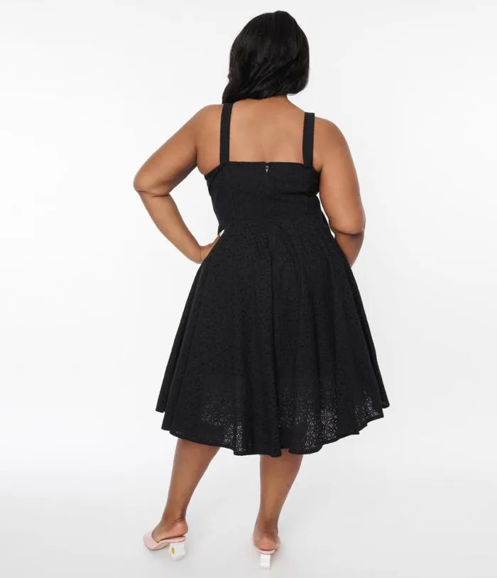 Black Eyelet Bianca Swing Dress DressesPlus Unique Vintage Swing