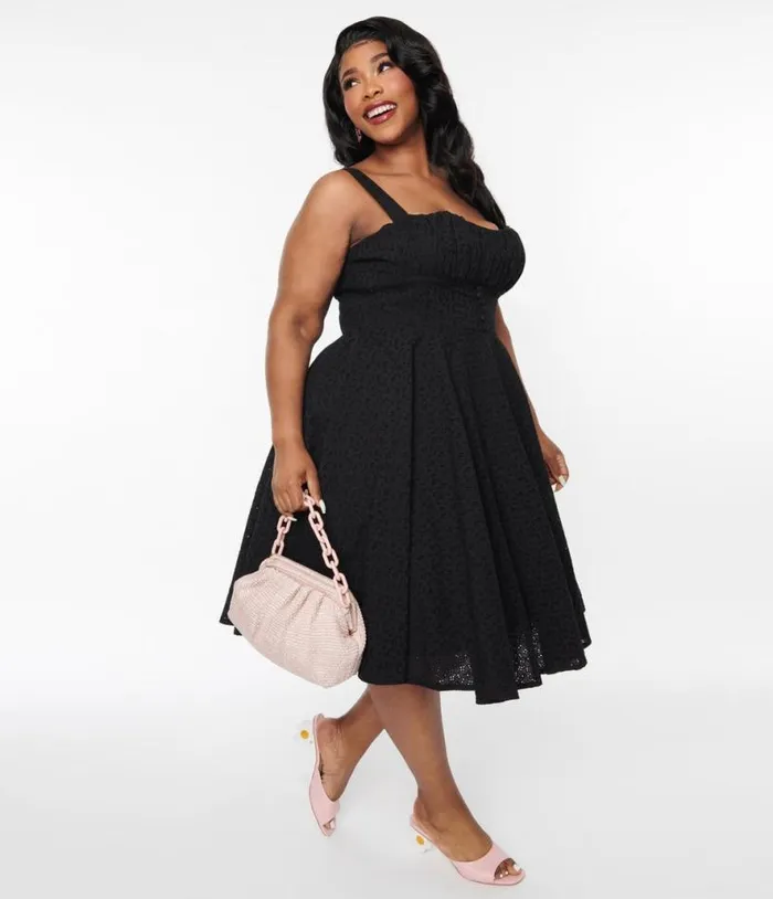 Black Eyelet Bianca Swing Dress DressesPlus Unique Vintage Swing