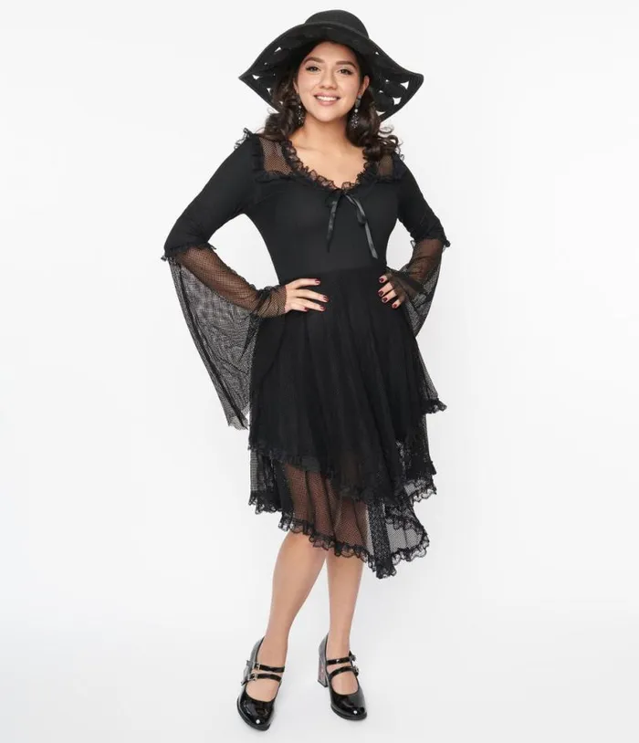 Black Fishnet Frill Flare Dress DressesHalloweenPlus Unique Vintage Dresses