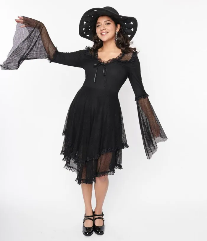 Black Fishnet Frill Flare Dress DressesHalloweenPlus Unique Vintage Dresses