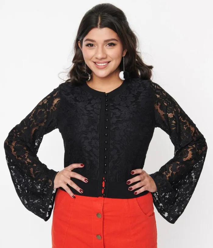 Black Floral Lace Bell Sleeve Cardigan Clothing Unique Vintage Sweaters and Cardigans