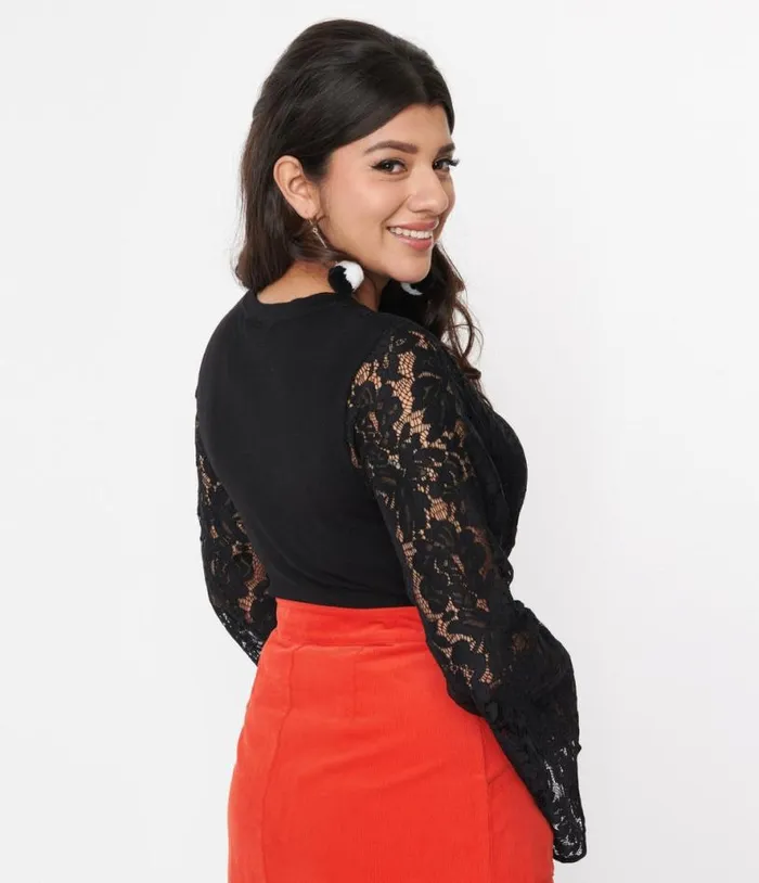 Black Floral Lace Bell Sleeve Cardigan Clothing Unique Vintage Sweaters and Cardigans