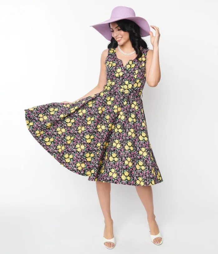 Black Floral Ria Swing Dress DressesPlus Unique Vintage Pocket Dresses