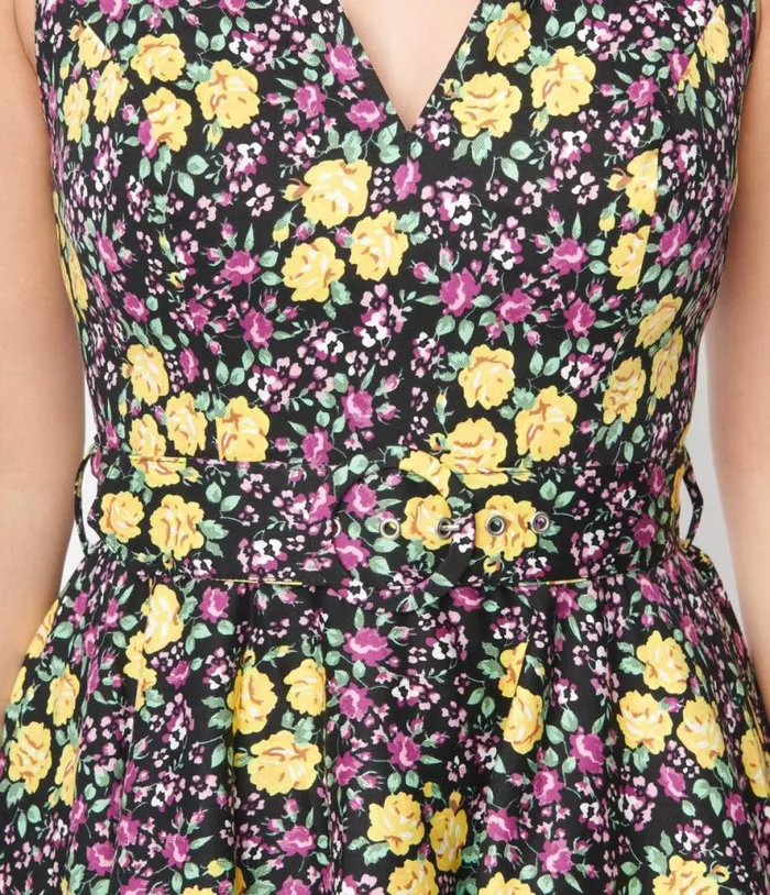 Black Floral Ria Swing Dress DressesPlus Unique Vintage Pocket Dresses