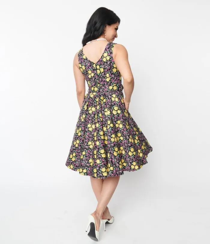 Black Floral Ria Swing Dress DressesPlus Unique Vintage Pocket Dresses