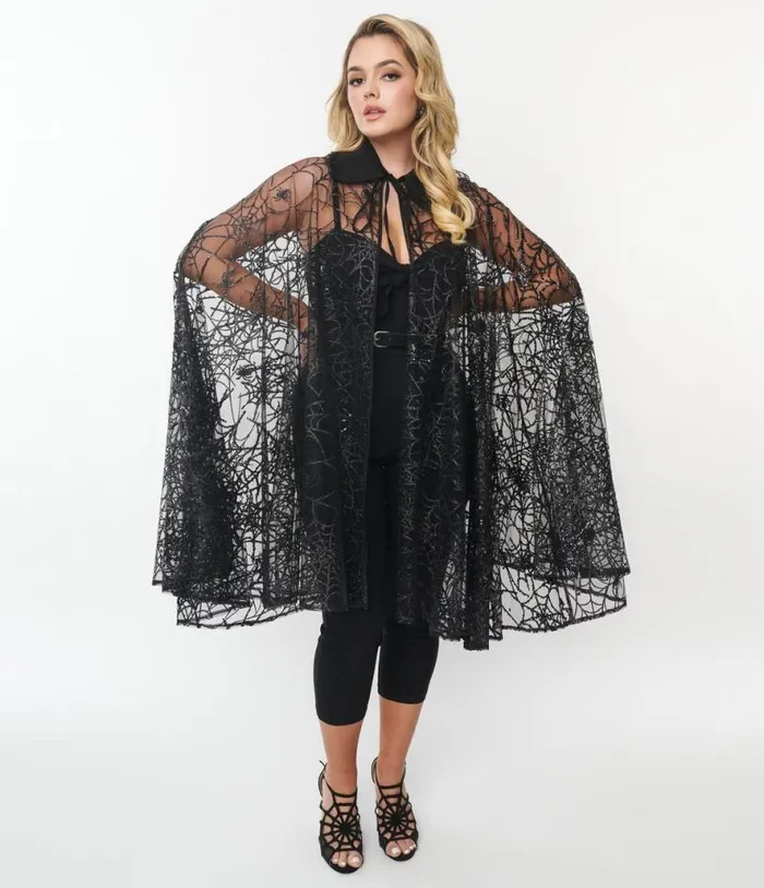 Black Glitter Spiderweb Mesh Cape ClothingHalloweenPlus Unique Vintage Jackets Black Glitter Spiderweb Mesh Cape ClothingHalloweenPlus Unique Vintage Jackets