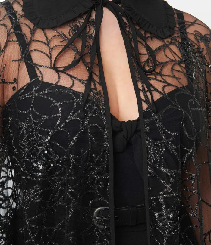 Black Glitter Spiderweb Mesh Cape ClothingHalloweenPlus Unique Vintage Jackets